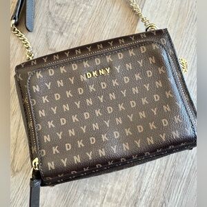 DKNY Dark Brown Monogram Shoulder Bag, chain strap